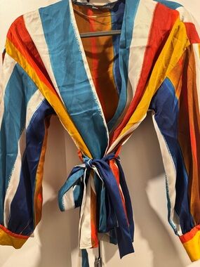 Zara Multicolor Striped Satin Top in Teal, Orange, Red, Blue